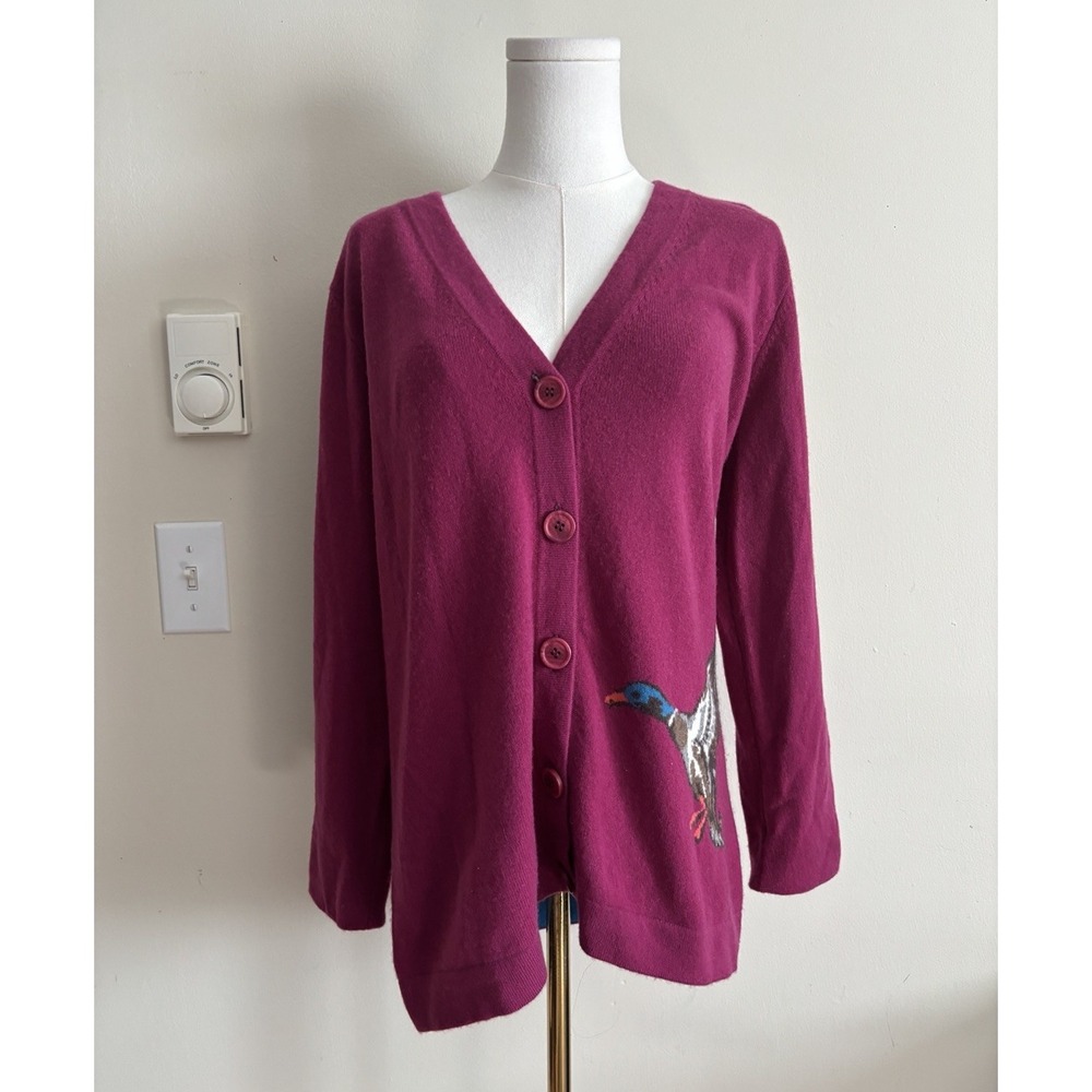 LL Bean Womens Large Cardigan Sweater Cashmere Mallard Duck Magenta Cottagecore